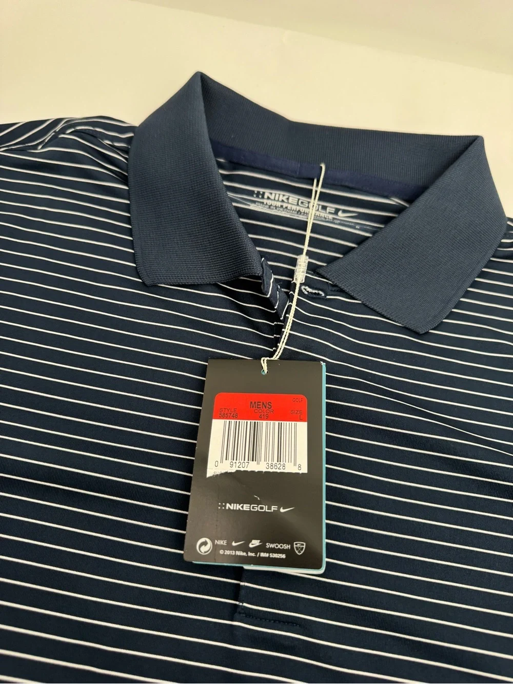 NWT Nike Men’s L Golf Dri Fit Navy Blue White Striped Polo Shirt 585748-419